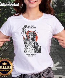 Original Voices Not Violence tee featuring Charlie Kirk and Statue of Liberty design, perfect for activism and freedom lovers.
