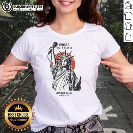 Original Voices Not Violence tee featuring Charlie Kirk and Statue of Liberty design, perfect for activism and freedom lovers.