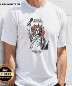 Alt Text: Original Voices Not Violence Charlie Kirk 1993-2025 Statue Of Liberty T-Shirt featuring bold graphic design.