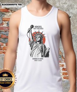 Alt Text: Charlie Kirk's 'Original Voices Not Violence' tank top featuring Statue of Liberty design, 1993-2025.