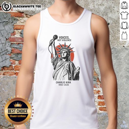Alt Text: Charlie Kirk's 'Original Voices Not Violence' tank top featuring Statue of Liberty design, 1993-2025.
