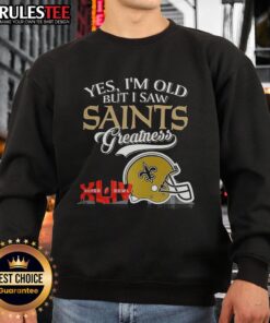 Alt Text: Original sweatshirt featuring New Orleans Saints Super Bowl helmet and skyline, celebrating team greatness.