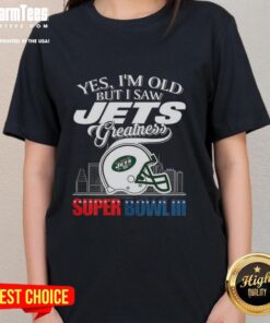 New York Jets Super Bowl III helmet with skyline design on a ladies tee, celebrating vintage football greatness.