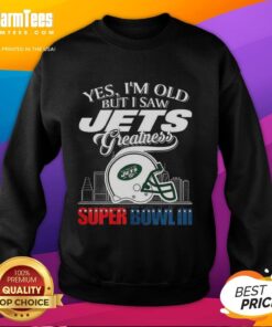 Original New York Jets greatness sweatshirt featuring Super Bowl III helmet and city skyline design.