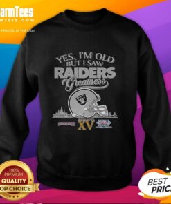 Alt Text: Oakland Raiders greatness sweatshirt featuring Super Bowl helmet and skyline, perfect for fans of vintage style.