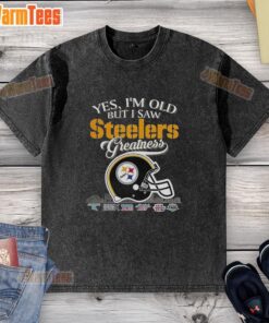 Alt Text: Vintage Pittsburgh Steelers Super Bowl helmet graphic on a washed t-shirt, celebrating sports greatness and nostalgia.