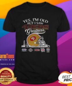 Alt Text: Vintage San Francisco 49ers Super Bowl helmet t-shirt showcasing skyline, perfect for fans celebrating greatness.
