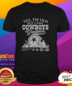 Alt Text: Dallas Cowboys greatness T-shirt featuring Super Bowl helmet and skyline design, perfect for vintage sports fans.