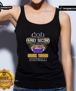 Alt Text: Premium 2025 God First Family Second Then Geaux Tigers football tank top in vibrant colors, perfect for game day.