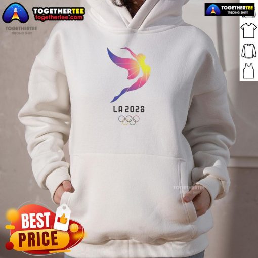 Premium 2028 Los Angeles Olympics logo hoodie featuring vibrant colors and unique design, perfect for sports fans.