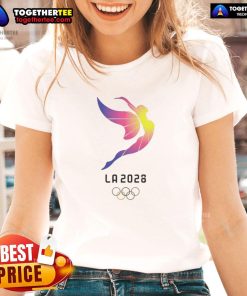 Premium 2028 Los Angeles Olympics logo ladies tee featuring vibrant design and stylish fit for sports enthusiasts.