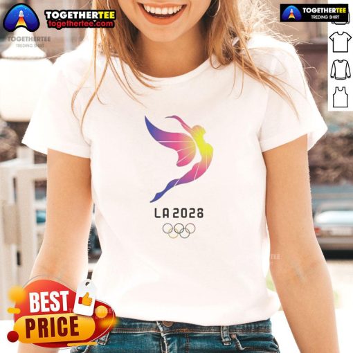 Premium 2028 Los Angeles Olympics logo ladies tee featuring vibrant design and stylish fit for sports enthusiasts.