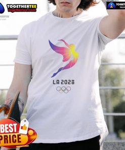 Alt Text: Premium 2028 Los Angeles Olympics Logo T-Shirt featuring the iconic Olympic rings and vibrant colors.