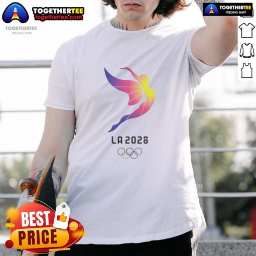 Alt Text: Premium 2028 Los Angeles Olympics Logo T-Shirt featuring the iconic Olympic rings and vibrant colors.