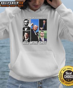 Charlie Kirk hoodie featuring 'Premium All Stood Up To Democrats All Were Shot' design, perfect for conservative supporters.