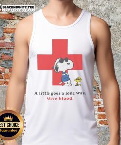 Premium American Red Cross Snoopy tank top promoting blood donation with 'A Little Goes A Long Way' message.