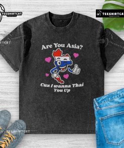 Premium 'Are You Asia? Cuz I Wanna Thai You Up' washed t-shirt featuring a fun graphic design, perfect for casual wear.