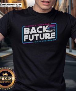 Alt Text: Premium Back To The Future T-Shirt featuring a Delorean time machine design for fans of classic sci-fi movies.