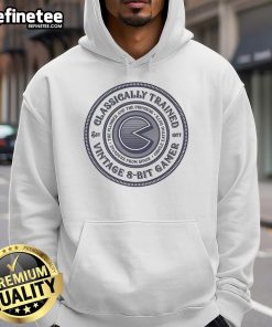Premium Classically Trained Vintage 8-Bit Gamer Hoodie featuring retro gaming graphics and a cozy design for gamers.
