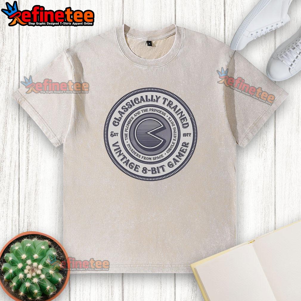 Premium Classically Trained Vintage 8 Bit Gamer Washed T Shirt Alt Text: Premium classically trained vintage 8-bit gamer washed t-shirt in gray, featuring retro gaming graphics and a comfortable fit.