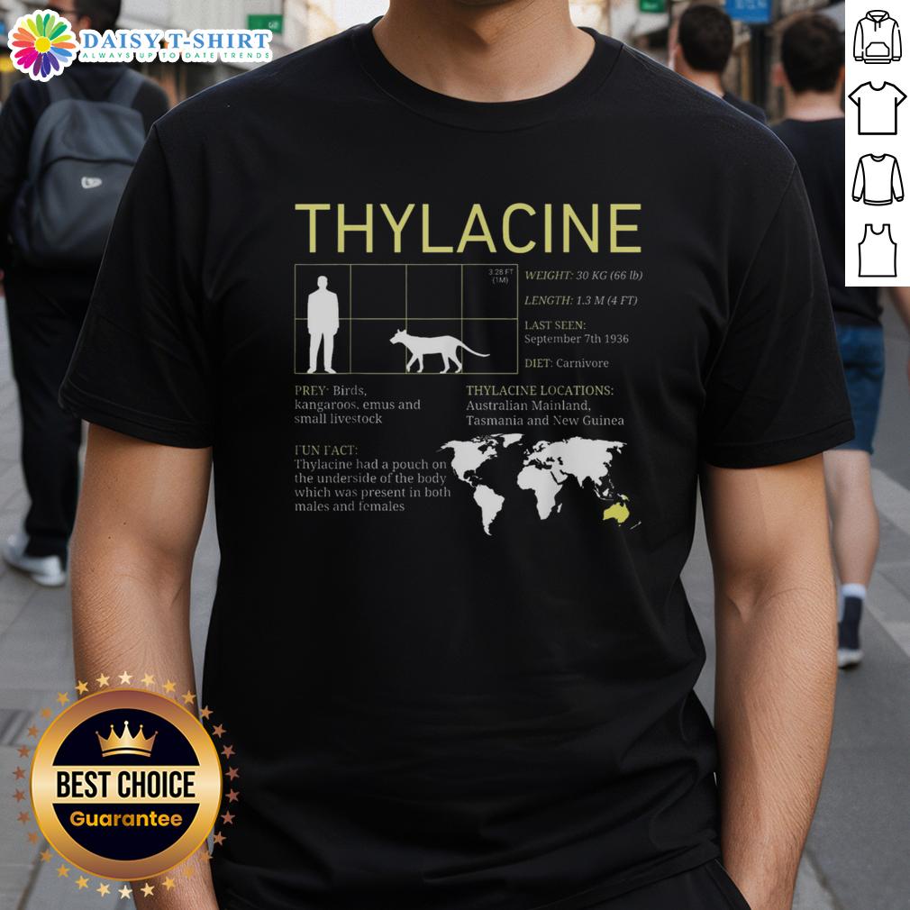 Premium Extinct Thylacine Tasmanian Tiger Vintage Wildlife T Shirt Alt Text: Vintage wildlife t-shirt featuring a premium design of the extinct Thylacine, also known as the Tasmanian Tiger.