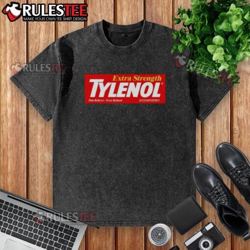 Alt Text: Premium Extra Strength Tylenol logo on a washed t-shirt, showcasing a stylish design for pain relief enthusiasts.