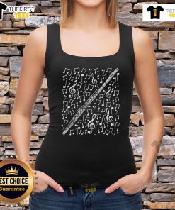 Flutist wearing a Premium Flute tank top, surrounded by musical notes, showcasing passion for woodwind music.
