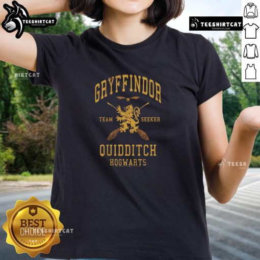 Premium Harry Potter Gryffindor Team Seeker Ladies Tee featuring vibrant colors and iconic Gryffindor crest design.