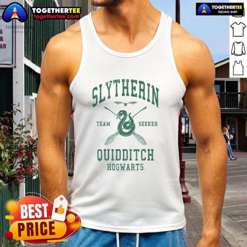 Premium Harry Potter Slytherin Team Seeker Quidditch tank top featuring house colors and logo, perfect for fans.