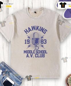Premium Hawkins Middle School A.V. Club 1983 washed t-shirt featuring retro design and vibrant colors.