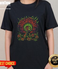 Premium Hostile Headquarters Psychedelic Monster Eye Retro Ladies Tee featuring vibrant colors and unique graphic design.