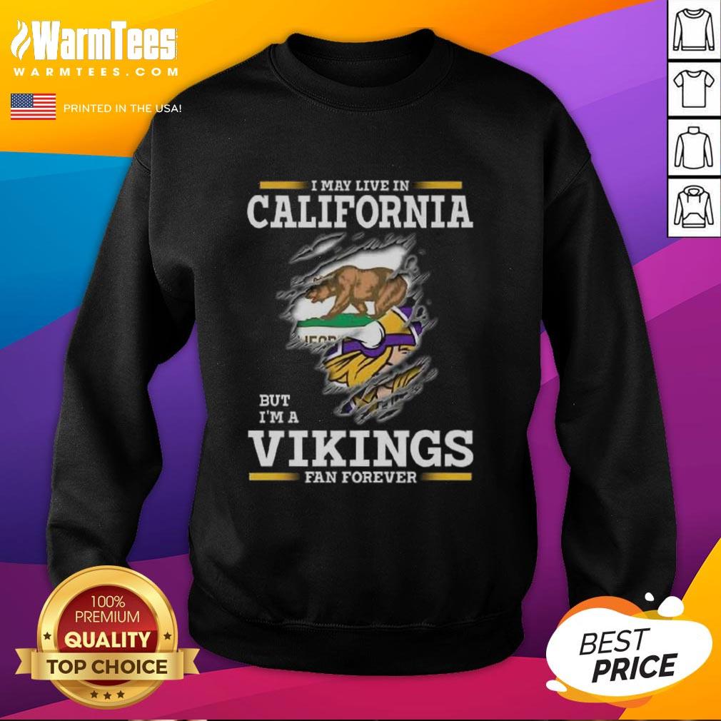Premium I May Live In California But I'm A Minnesota Vikings Fan Forever Sweatshirt Alt Text: Premium sweatshirt for Minnesota Vikings fans living in California - 'I May Live in California but I'm a Vikings Fan Forever'