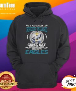 Philadelphia Eagles hoodie with 'I May Live in Rhode Island' text, perfect for game day fans showcasing team pride.