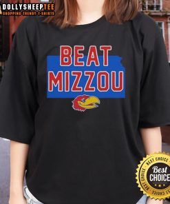 Alt Text: Premium Jayhawk Kansas Beat Mizzou logo on a stylish ladies tee shirt, perfect for fans and sports enthusiasts.