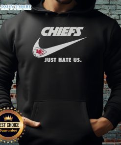Alt Text: Premium Just Hate Us Nike Kansas City Chiefs Logo Hoodie displayed on a hanger, showcasing bold team colors and design.