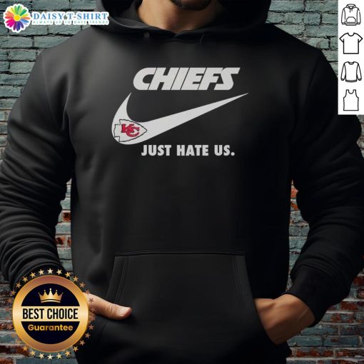 Alt Text: Premium Just Hate Us Nike Kansas City Chiefs Logo Hoodie displayed on a hanger, showcasing bold team colors and design.