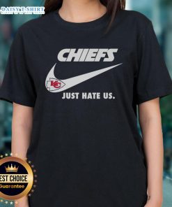 Premium Just Hate Us Nike Kansas City Chiefs Logo Ladies Tee featuring a stylish design for Chiefs fans.