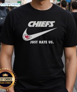 Alt Text: Premium Just Hate Us Nike Kansas City Chiefs logo t-shirt featuring vibrant colors and a stylish design for fans.