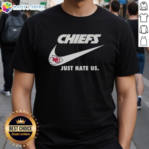Alt Text: Premium Just Hate Us Nike Kansas City Chiefs logo t-shirt featuring vibrant colors and a stylish design for fans.