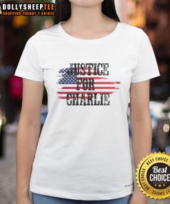 Premium Justice For Charlie Kirk USA Flag Rest In Peace Ladies Tee featuring patriotic design and stylish fit.