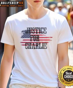 Premium Justice For Charlie Kirk USA Flag Rest In Peace T-Shirt featuring patriotic design and bold text for supporters.