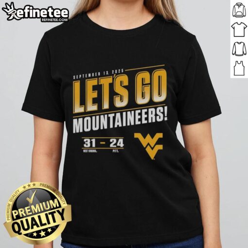 Premium Ladies Tee featuring Virginia Mountaineers vs. Pitt Panthers 2025 score 31-24, perfect for game day.
