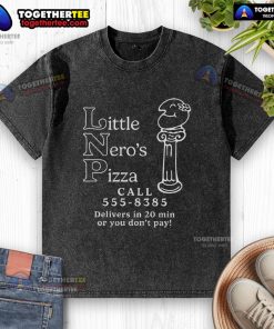 Premium Little Nero's Pizza delivery shirt, Call 555-8385 for 20 min delivery, featuring vibrant pizza design.