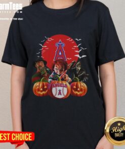 Premium Los Angeles Angels MLB Halloween ladies tee featuring a horror movie design, perfect for fans and spooky season.