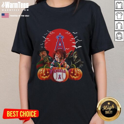 Premium Los Angeles Angels MLB Halloween ladies tee featuring a horror movie design, perfect for fans and spooky season.