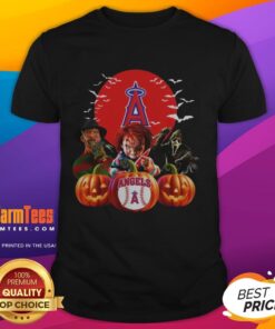 Premium Los Angeles Angels MLB horror movie Halloween T-shirt featuring spooky graphics and team colors for fans.