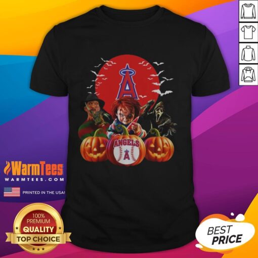 Premium Los Angeles Angels MLB horror movie Halloween T-shirt featuring spooky graphics and team colors for fans.