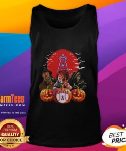 Premium Los Angeles Angels MLB Halloween tank top featuring a horror movie design, perfect for spooky season fans.
