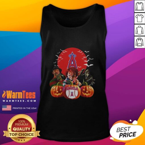 Premium Los Angeles Angels MLB Halloween tank top featuring a horror movie design, perfect for spooky season fans.