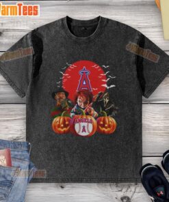 Premium Los Angeles Angels MLB Halloween washed t-shirt featuring a spooky design for horror movie fans.